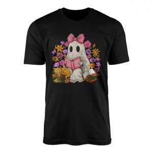 Cute Ghost Reading Spooky Stories with Cat Halloween T Shirt 1 1.jpg