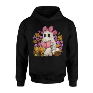 Cute Ghost Reading Spooky Stories with Cat Halloween T Shirt 2 1.jpg