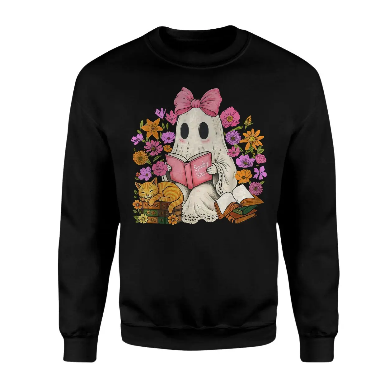 Cute Ghost Reading Spooky Stories with Cat Halloween T Shirt 3 1.jpg