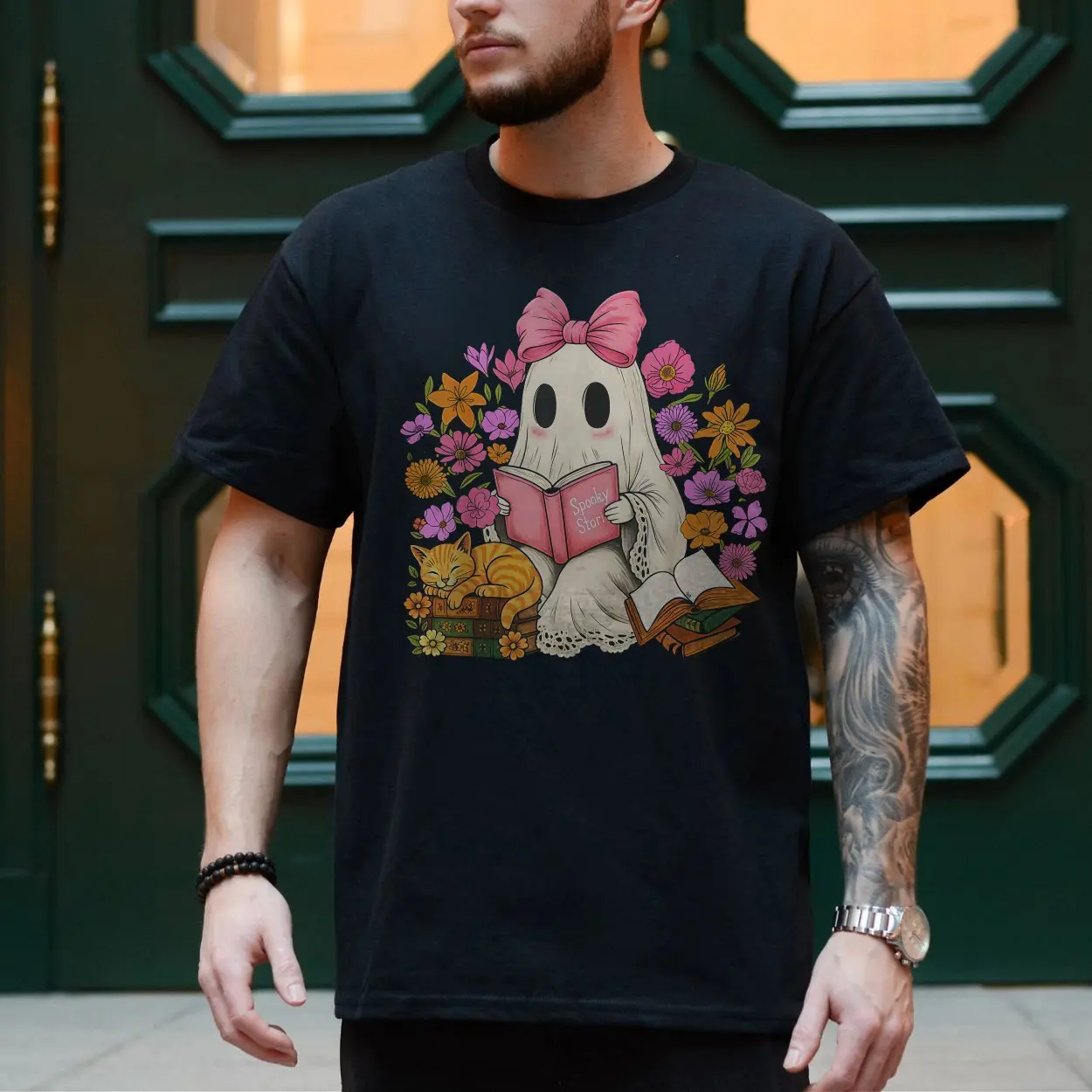 Cute Ghost Reading Spooky Stories with Cat Halloween T Shirt 4 1.jpg