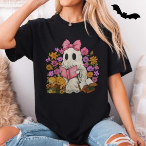 Cute Ghost Reading Spooky Stories with Cat Halloween T Shirt 5 1.jpg