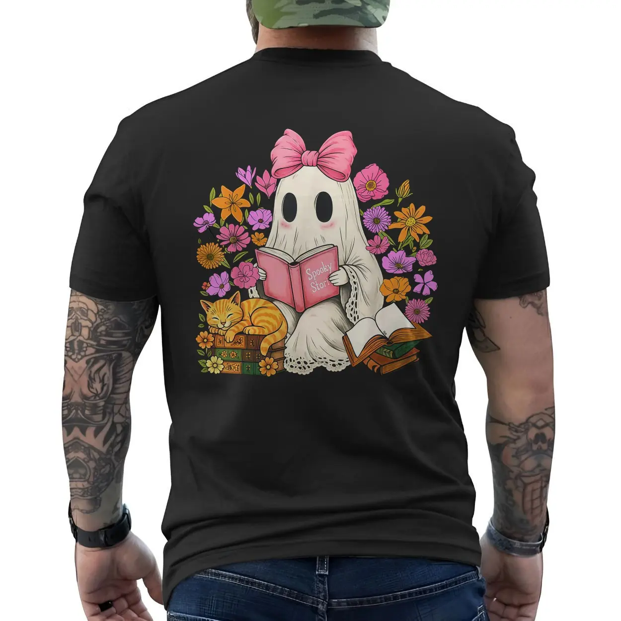 Cute Ghost Reading Spooky Stories with Cat Halloween T Shirt 6 1.jpg