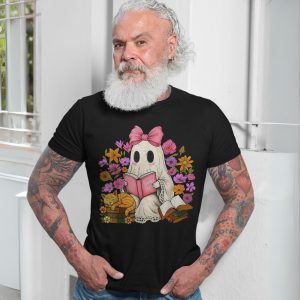 Cute Ghost Reading Spooky Stories with Cat Halloween T Shirt 7 1.jpg