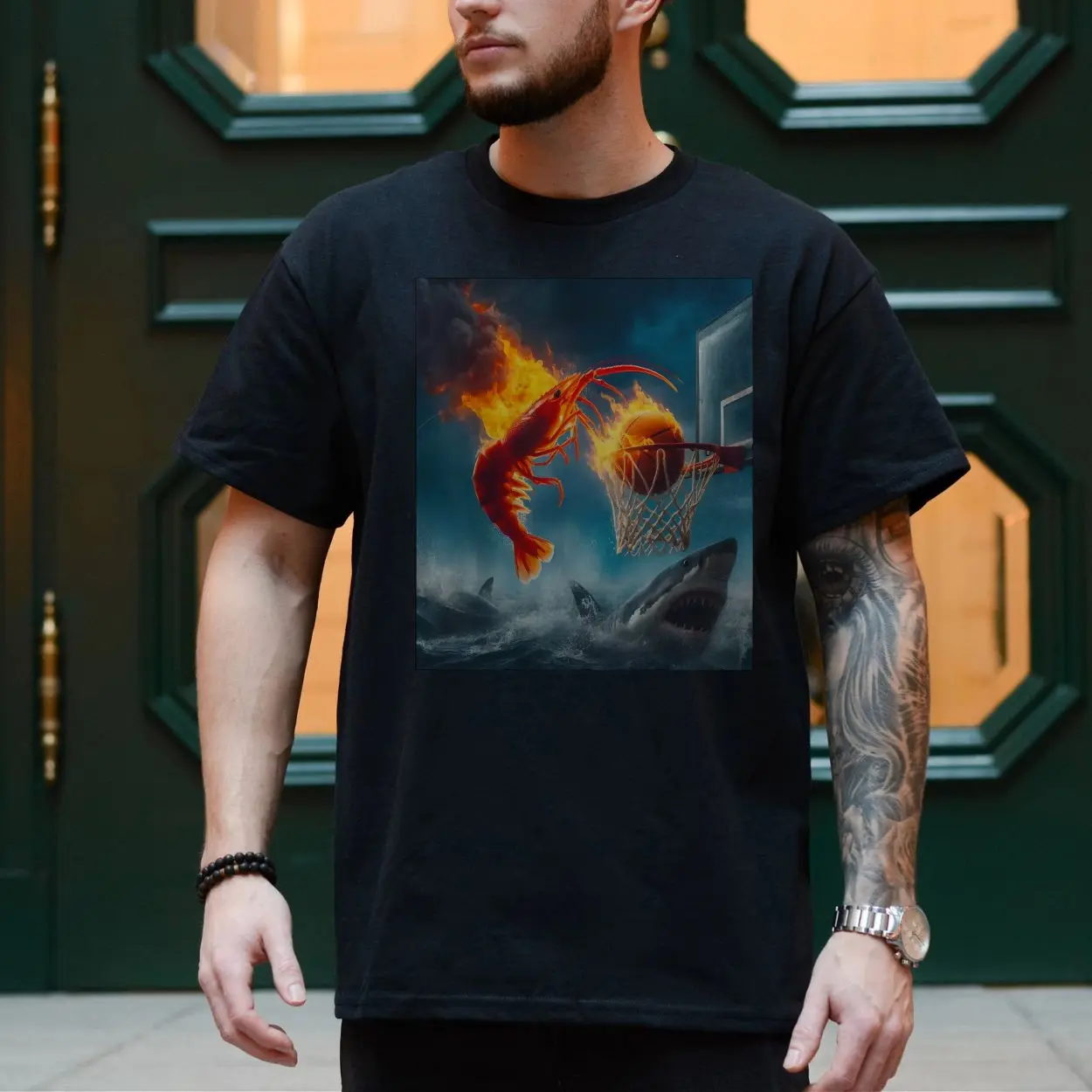 Fire Shrimp Slam Dunk Basketball T Shirt Funny Sharks Ocean 4 1.jpg