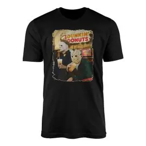 Black flat lay t-shirt featuring Michael Myers and Jason Voorhees drinking iced coffee under a vintage Dunkin Donuts sign
