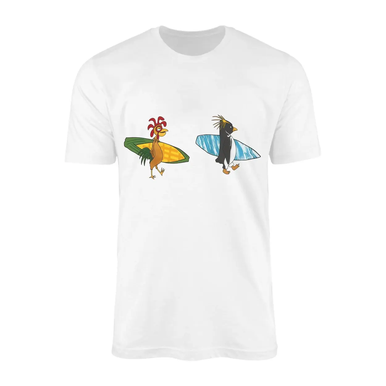 Funny Surfing Chicken and Penguin Cartoon T Shirt 1 1.jpg
