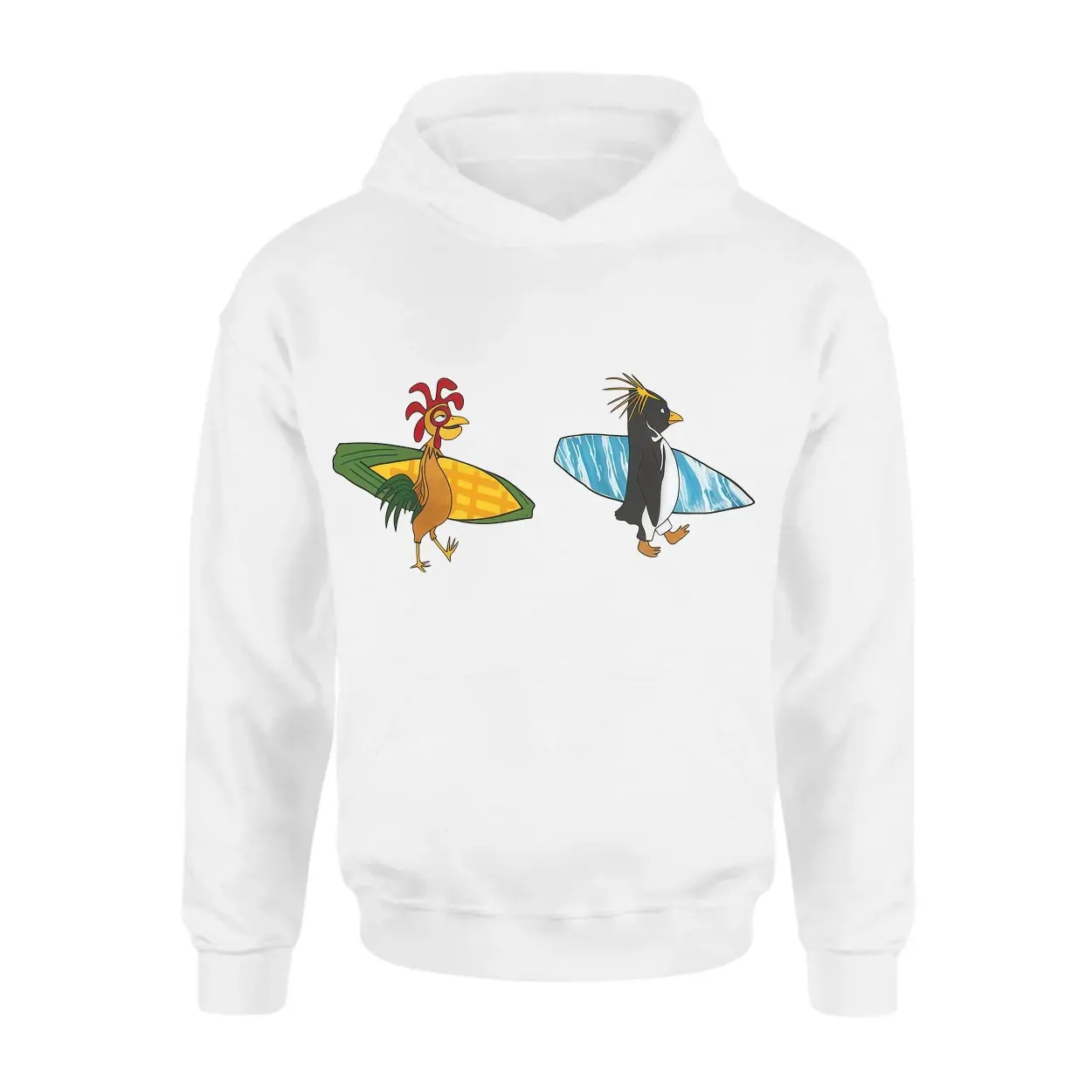 Funny Surfing Chicken and Penguin Cartoon T Shirt 2 1.jpg