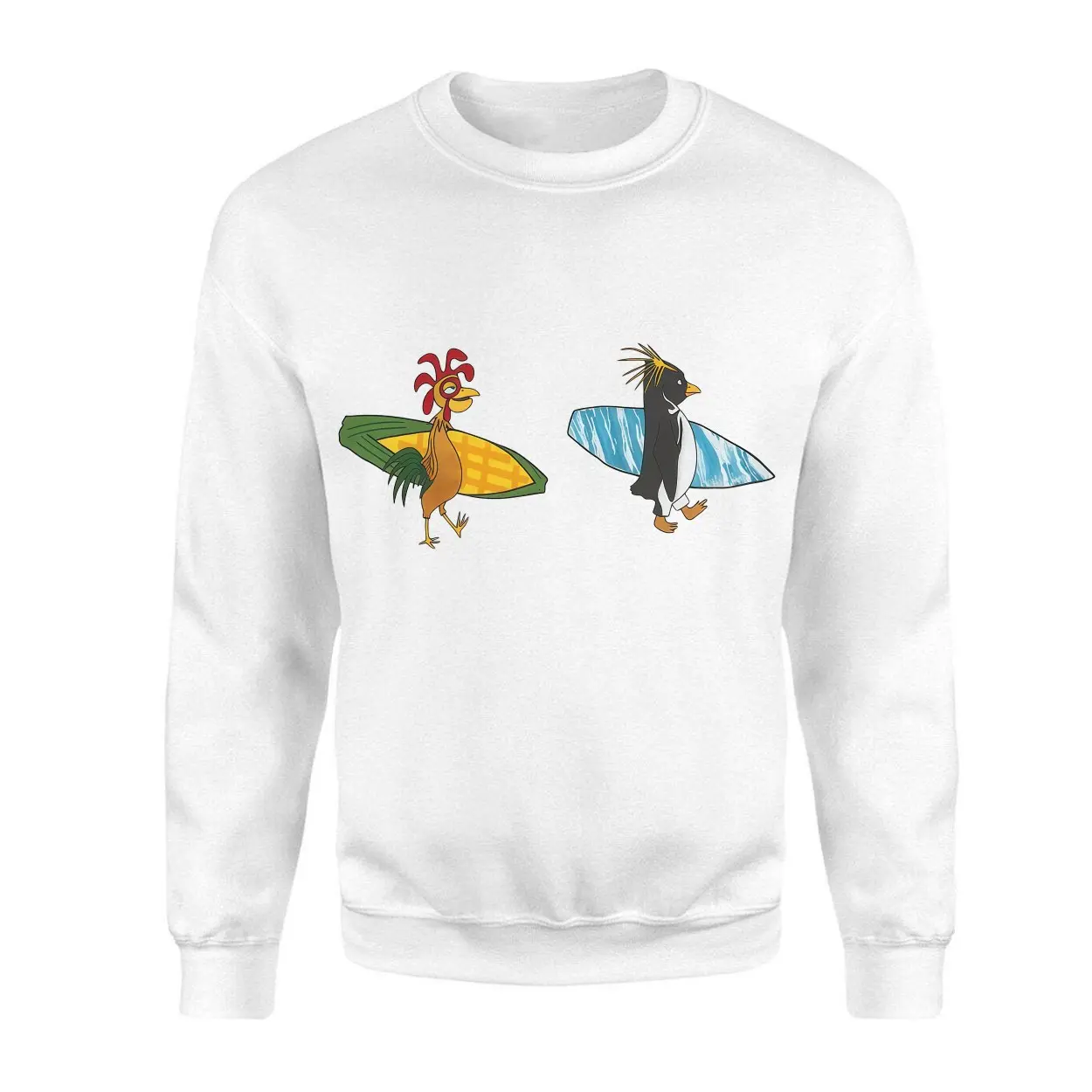 Funny Surfing Chicken and Penguin Cartoon T Shirt 3 1.jpg