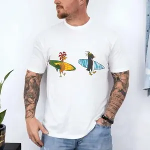 Funny Surfing Chicken and Penguin Cartoon T-Shirt 10 Funny Surfing Chicken and Penguin Cartoon T Shirt 4 1.jpg