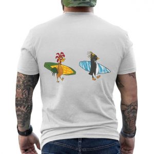 Funny Surfing Chicken and Penguin Cartoon T Shirt 6 1.jpg