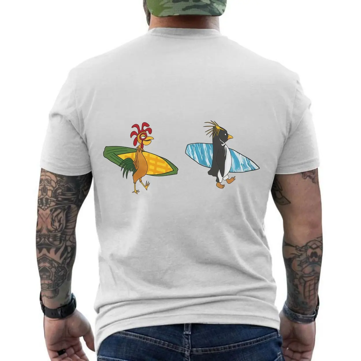 Funny Surfing Chicken and Penguin Cartoon T Shirt 6 1.jpg