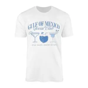 White crewneck t-shirt printed with blue Gulf Of Mexico Social Club text, three beach cocktails, and Stay Salty Resist Often.