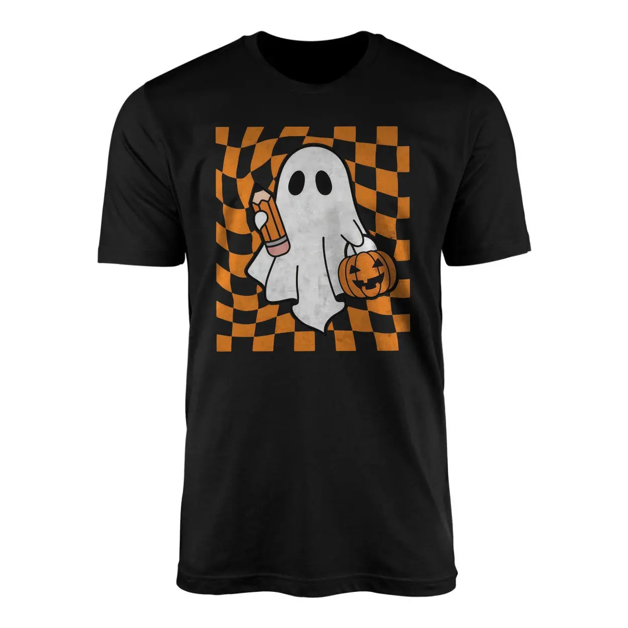 Halloween Ghost with Pumpkin and Pencil Graphic T Shirt 1 1.jpg