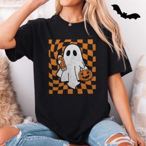 Halloween Ghost with Pumpkin and Pencil Graphic T Shirt 5 1.jpg