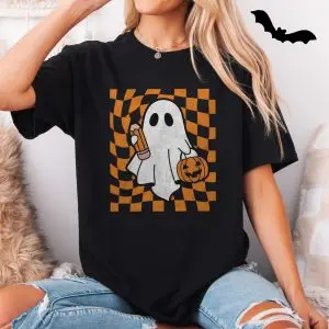 Halloween Ghost with Pumpkin and Pencil Graphic T-Shirt 11 Halloween Ghost with Pumpkin and Pencil Graphic T Shirt 5 1.jpg