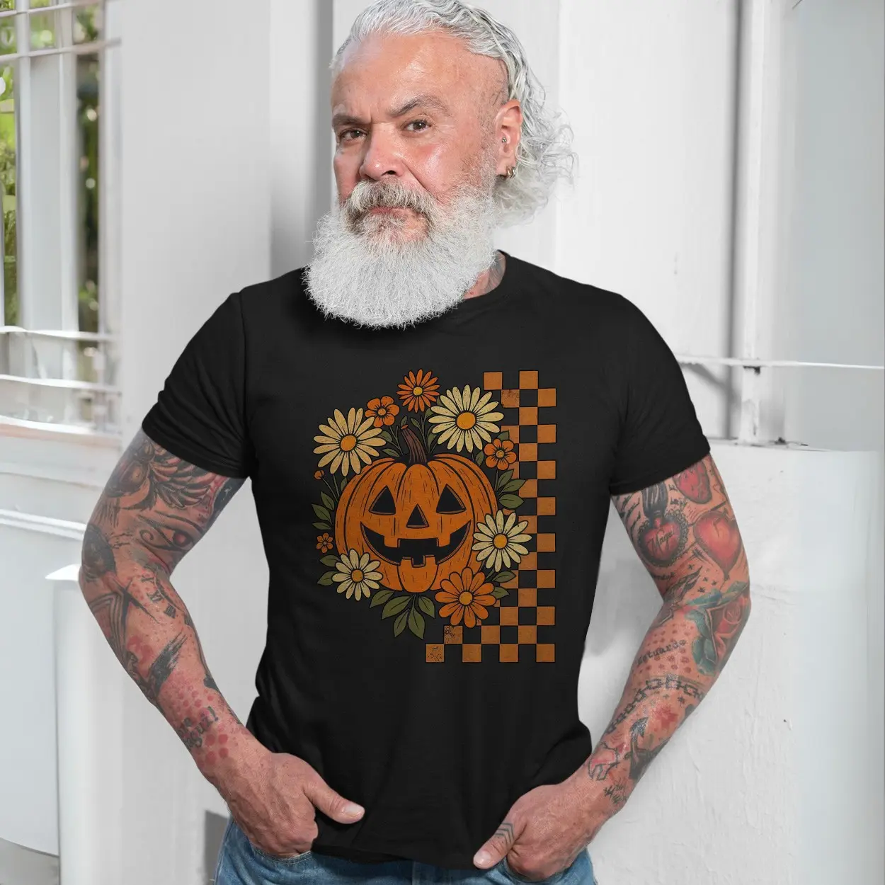 Halloween Pumpkin with Flowers Graphic T Shirt 7 1.jpg