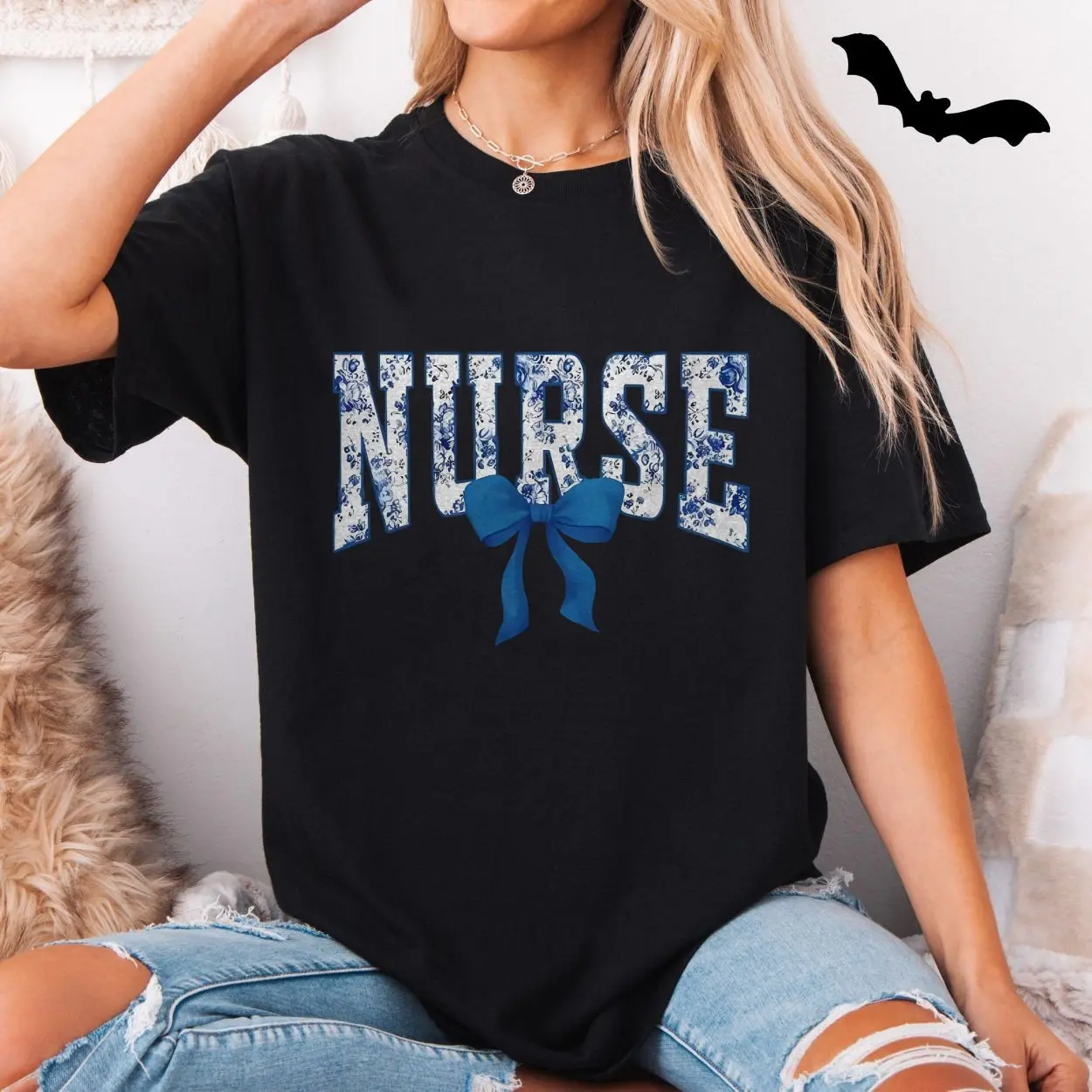 Nurse Floral Print Blue Bow Appreciation Gift T Shirt 5 1.jpg