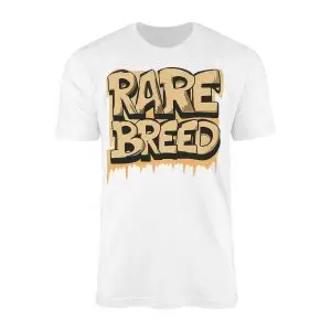 White flat lay t-shirt printed with bold tan 3D graffiti block letters reading RARE BREED with paint drips