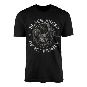 Black crew neck t-shirt featuring a gothic winged skeleton angel emblem with distressed Black Sheep Of My Family Est. 1973 text