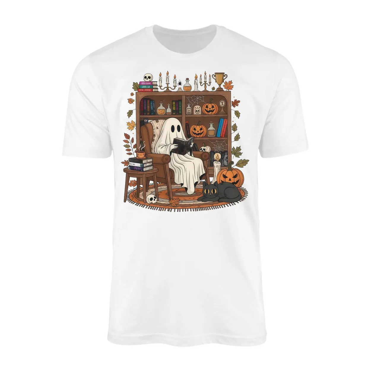 Cozy Ghost Reading Books Halloween T Shirt 1 1.jpg
