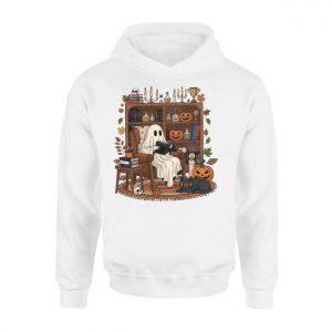 Cozy Ghost Reading Books Halloween T Shirt 2 1.jpg