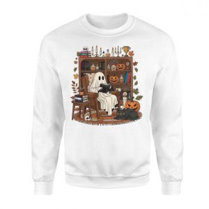 Cozy Ghost Reading Books Halloween T Shirt 3 1.jpg