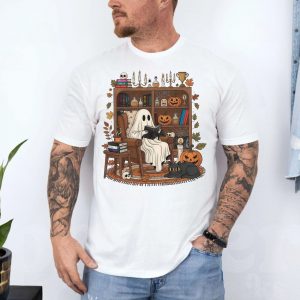 Cozy Ghost Reading Books Halloween T Shirt 4 1.jpg