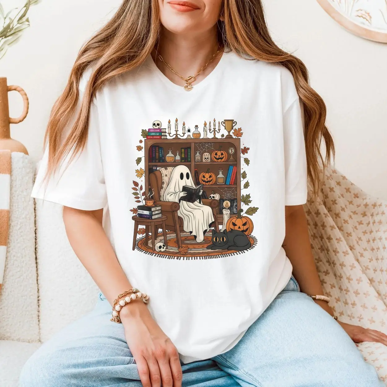Cozy Ghost Reading Books Halloween T Shirt 5 1.jpg