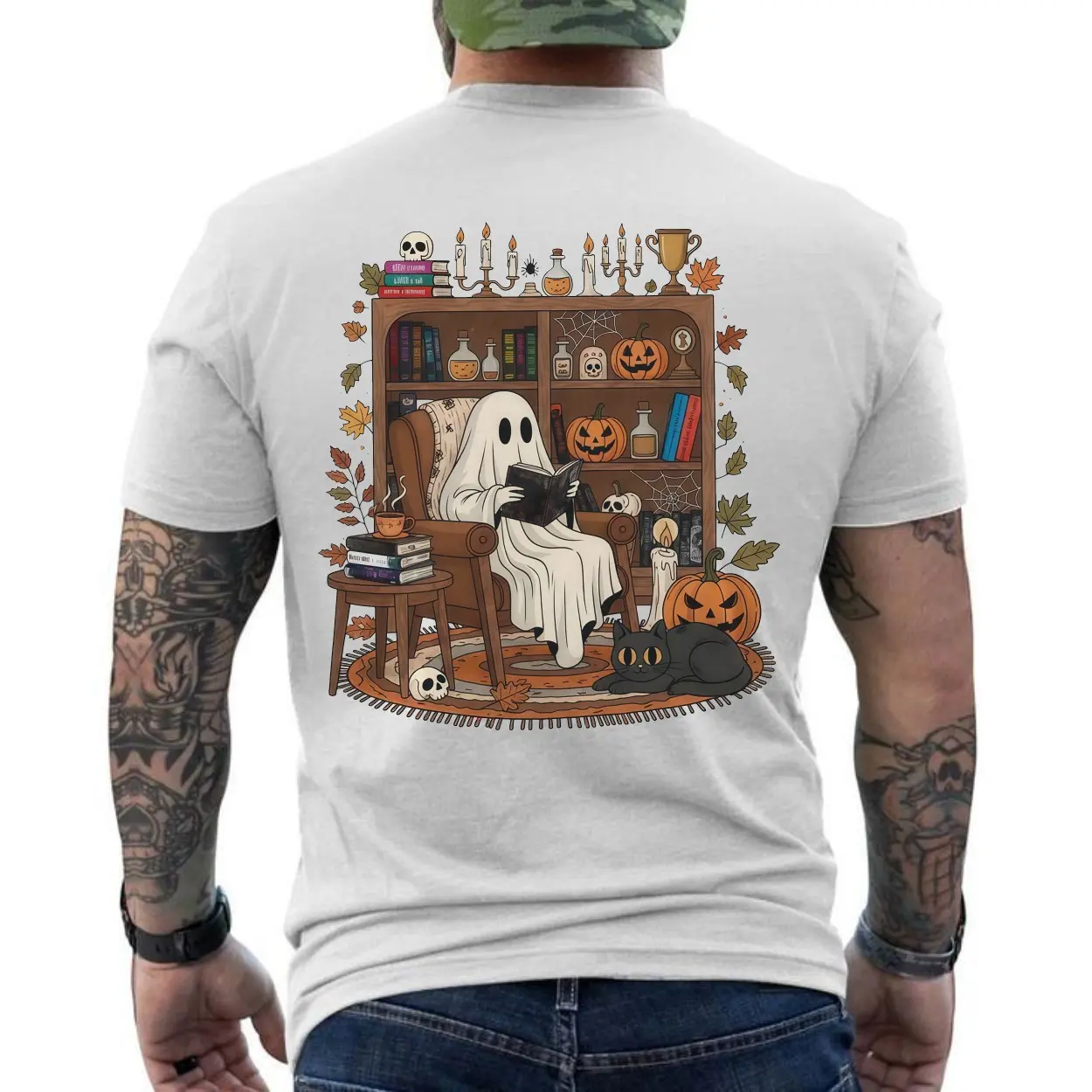 Cozy Ghost Reading Books Halloween T Shirt 6 1.jpg