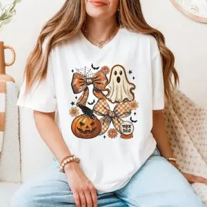 Cute Halloween Ghost Pumpkin and Bows Trick or Treat T-shirt 11 Cute Halloween Ghost Pumpkin and Bows Trick or Treat T shirt 5 1.jpg