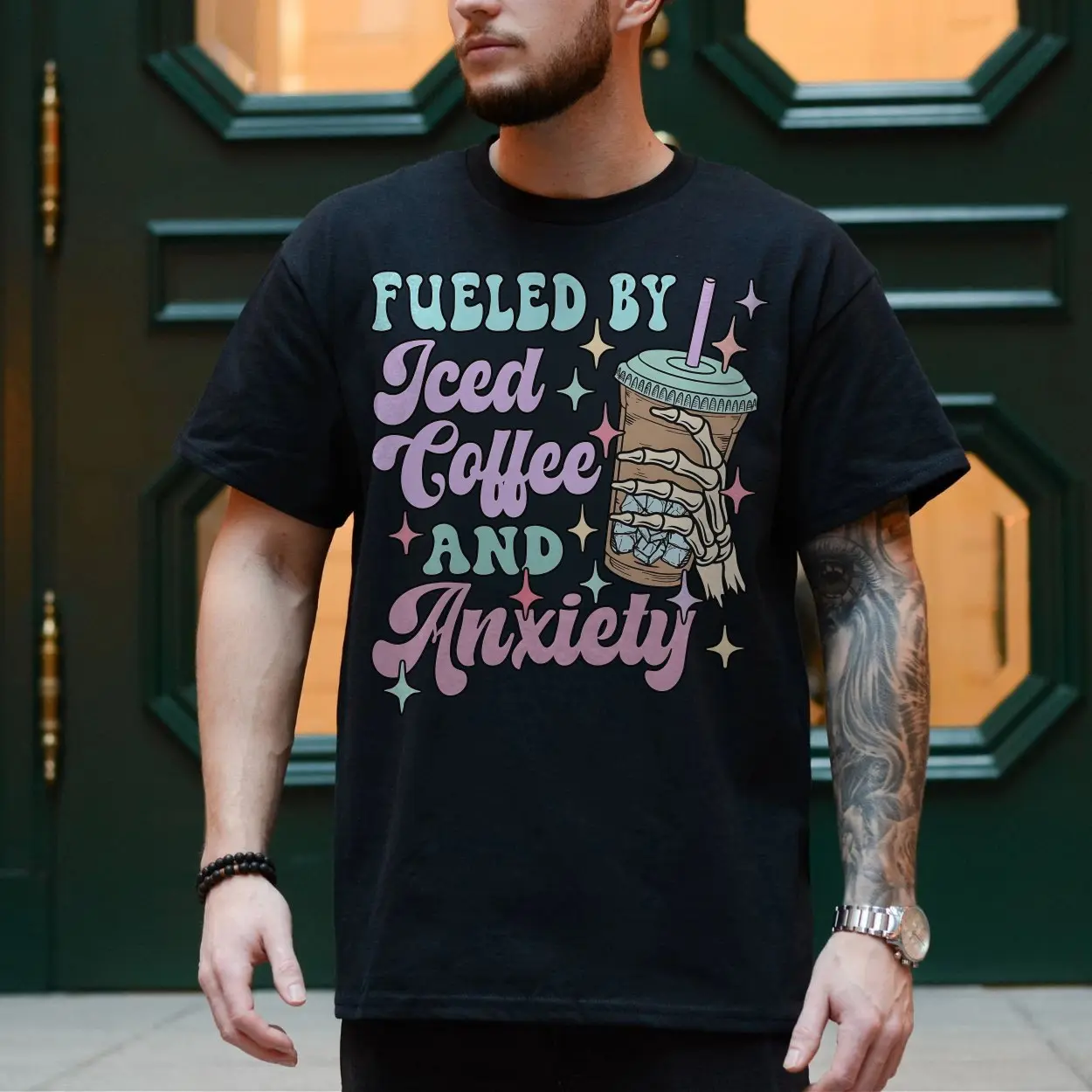 Fueled by Iced Coffee and Anxiety Skeleton Hand T Shirt 4 1.jpg