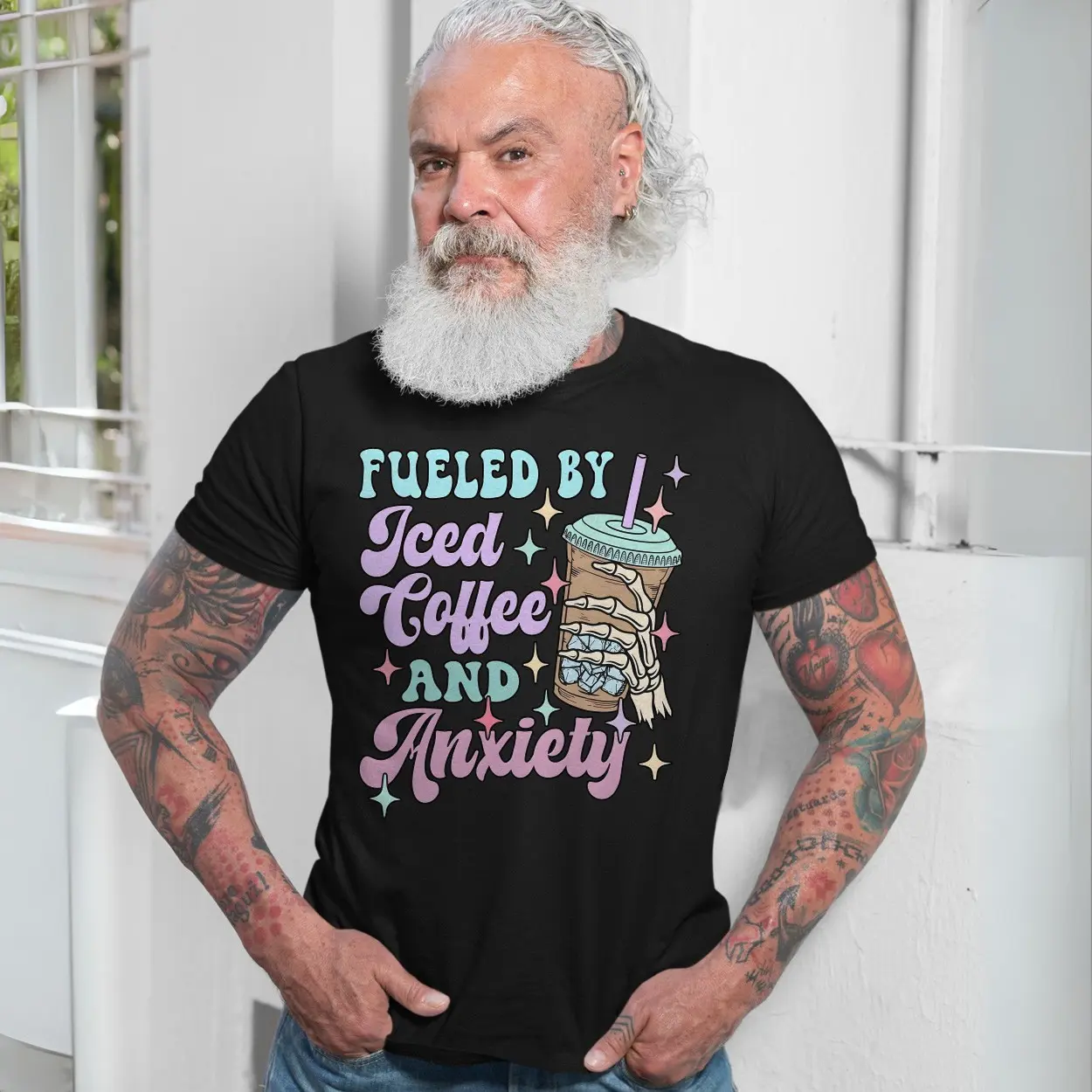 Fueled by Iced Coffee and Anxiety Skeleton Hand T Shirt 7 1.jpg