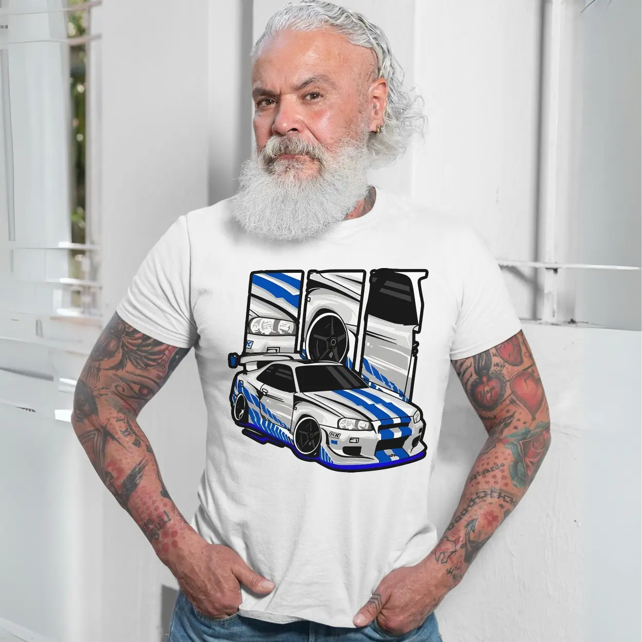JDM Nissan Skyline GTR R34 Blue Stripes Racing Car T Shirt 7 1.jpg