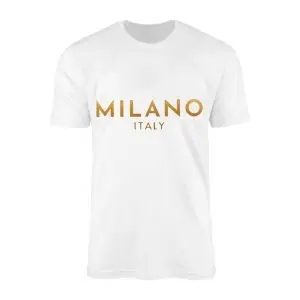 White crew neck t-shirt featuring minimalist metallic gold style Milano Italy typography across the chest
