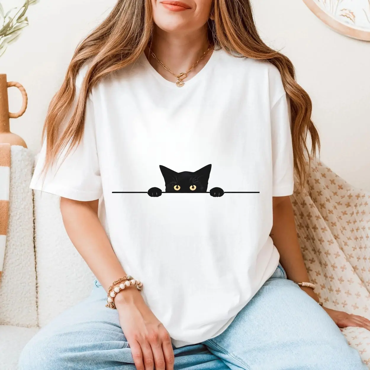 Peeking Black Cat with Big Eyes Cute T Shirt 5 1.jpg