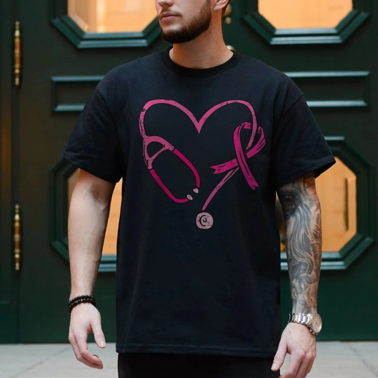 Pink Ribbon Stethoscope Heart Breast Cancer Awareness T Shirt 4 1.jpg