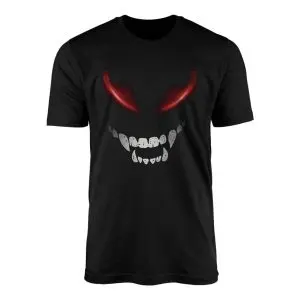 Black flat lay t-shirt featuring glowing red monster eyes and a creepy white fanged smile in the dark