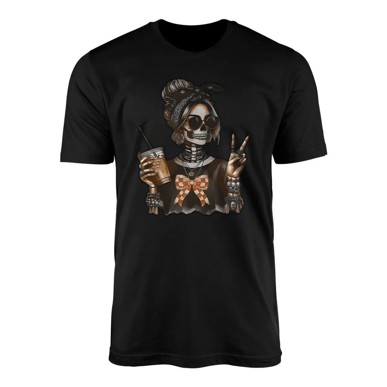 Skeleton Girl Peace Sign Iced Coffee Halloween T shirt 1 1.jpg