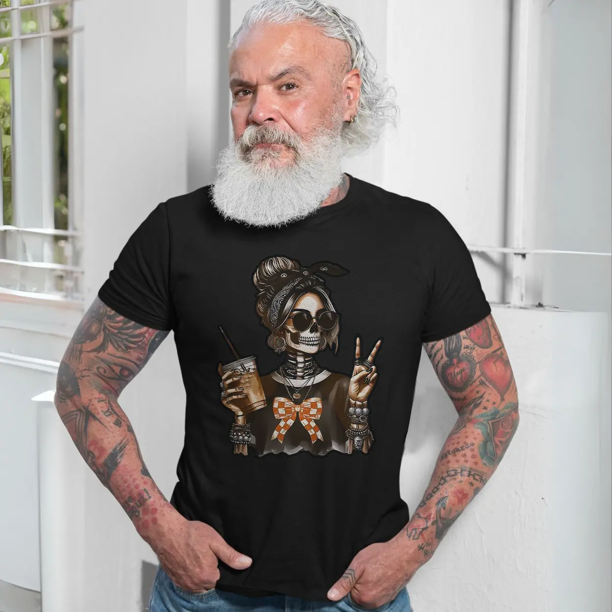 Skeleton Girl Peace Sign Iced Coffee Halloween T shirt 7 1.jpg