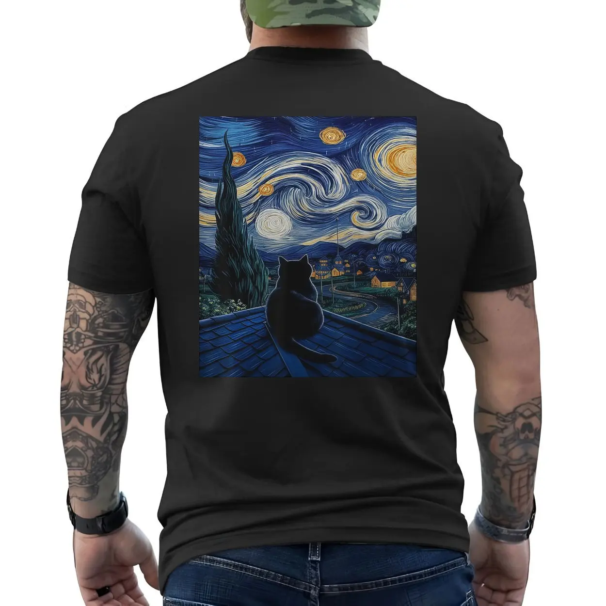 Starry Night Cat Rooftop Art T Shirt 6 1.jpg