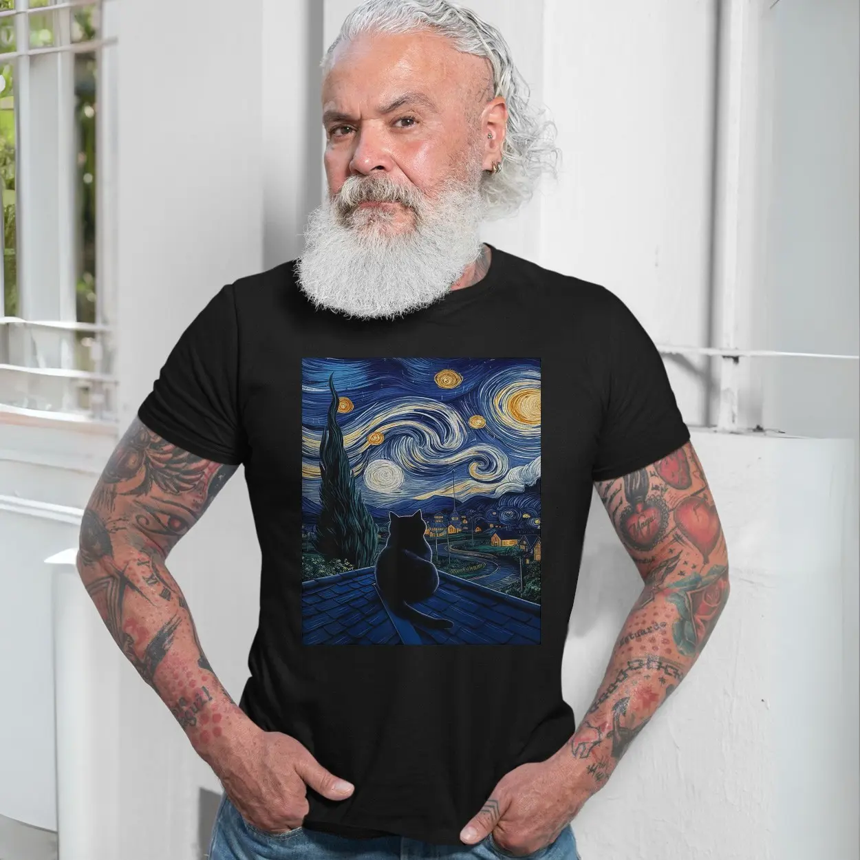 Starry Night Cat Rooftop Art T Shirt 7 1.jpg