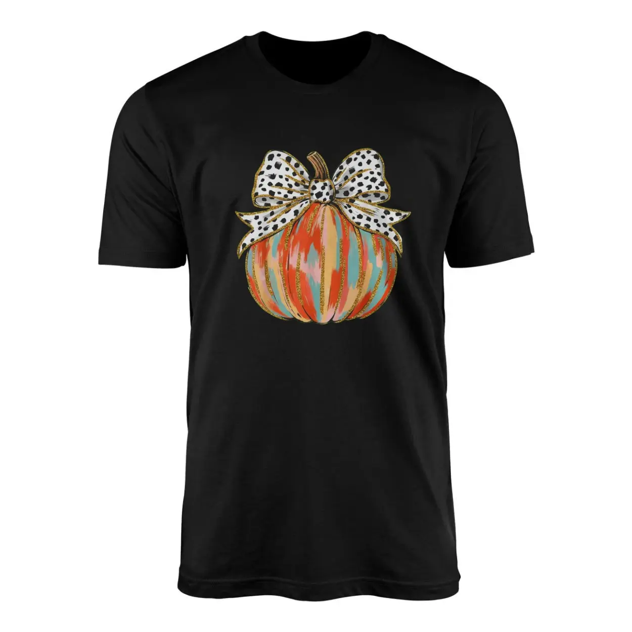 Colorful Pumpkin with Bow Cute Halloween T Shirt 1 1.jpg