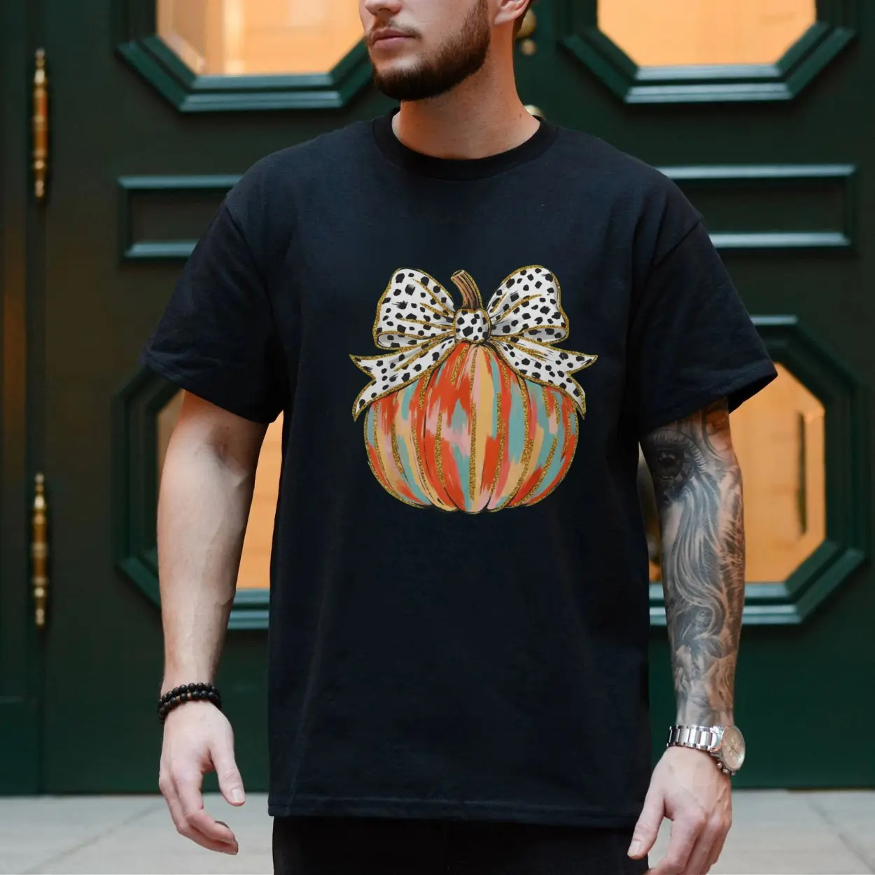 Colorful Pumpkin with Bow Cute Halloween T Shirt 4 1.jpg