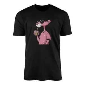 Black t-shirt featuring the Pink Panther in dark sunglasses and a pink shirt sipping boba bubble tea through a straw