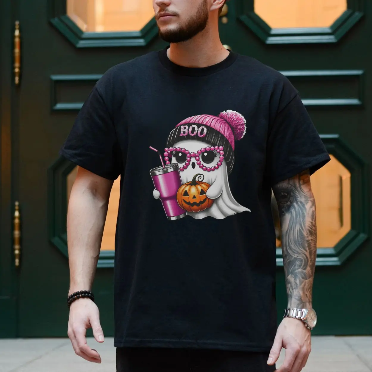 Cute Ghost with Pumpkin and Drink Funny Halloween T Shirt 4 1.jpg