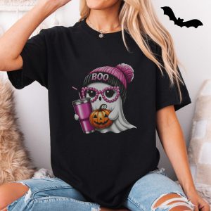 Cute Ghost with Pumpkin and Drink Funny Halloween T Shirt 5 1.jpg