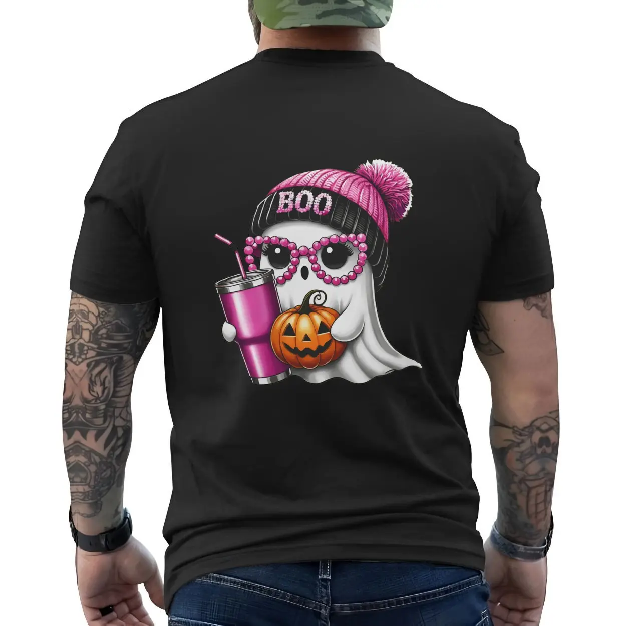 Cute Ghost with Pumpkin and Drink Funny Halloween T Shirt 6 1.jpg