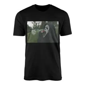 Black crew neck t-shirt featuring a funny outdoor photo of Ghostface blowing soap bubbles in a green grassy park