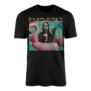 Black crew neck t-shirt featuring Ghostface relaxing in a pink flamingo pool float sipping an iced drink and making an OK sign