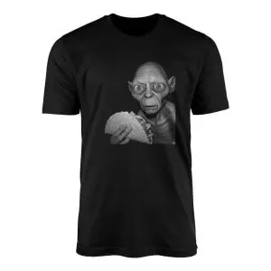 Black crewneck t-shirt flat lay featuring a grayscale portrait of wide-eyed Gollum cradling a crunchy taco shell